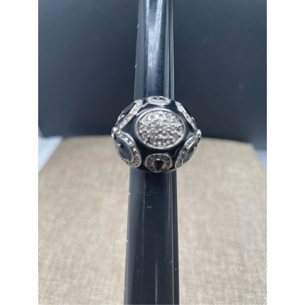 Black and Silver Dome Ring Black Enamel With Crystals in Swirl Patterns  Size 6